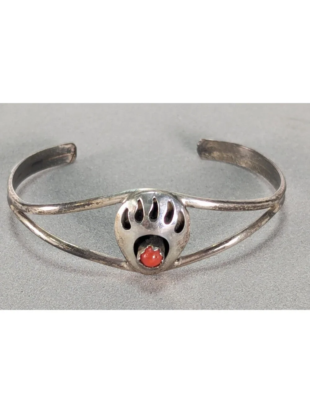 VTG Bear Paw Infant Baby Cuff Bracelet Sterling Silver Coral Native American